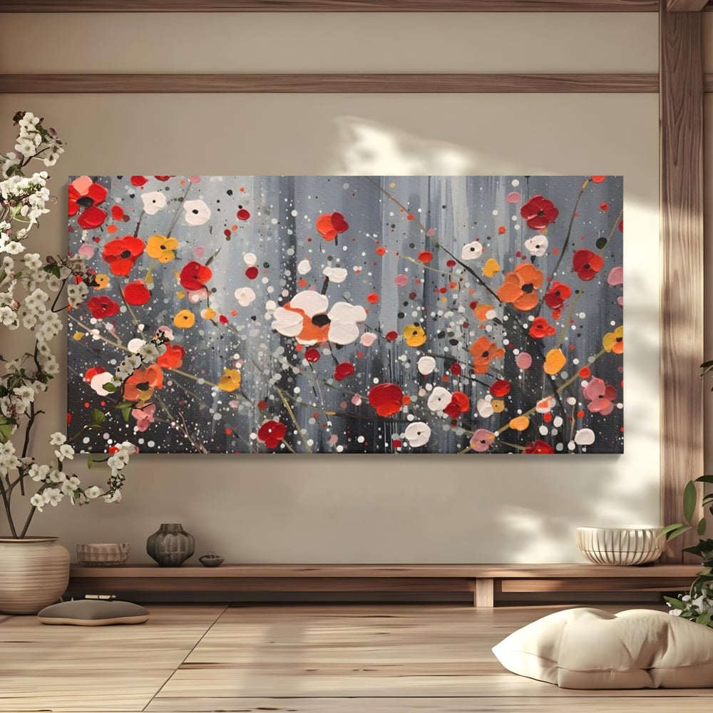 Tablou canvas cu pictura abstracta cu flori si stropi, fara rama, pe sasiu de lemn